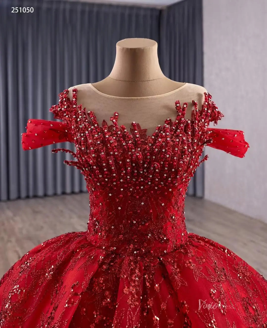 Sparkly Red Quinceañera Dress | Beaded Illusion Neck Debut Gown with Cold Shoulders & 80cm Train 251050-Quinceanera Dresses 2025 -Viniodress-Red-Custom Size-