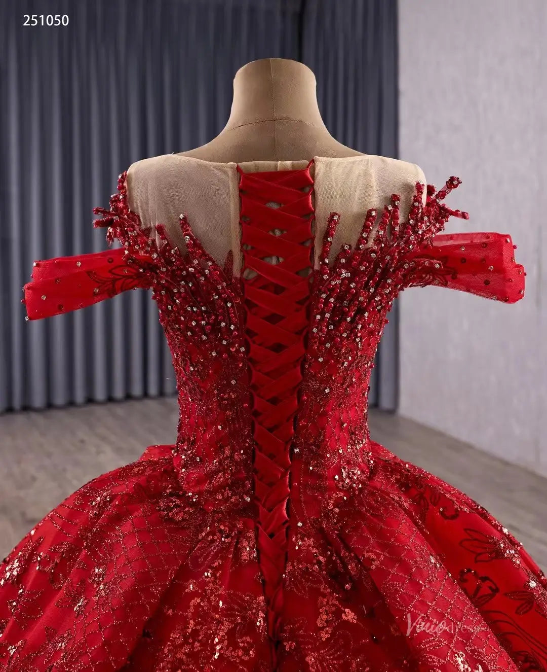 Sparkly Red Quinceañera Dress | Beaded Illusion Neck Debut Gown with Cold Shoulders & 80cm Train 251050-Quinceanera Dresses 2025 -Viniodress-Red-Custom Size-