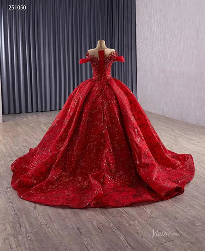 Sparkly Red Quinceañera Dress | Beaded Illusion Neck Debut Gown with Cold Shoulders & 80cm Train 251050-Quinceanera Dresses 2025 -Viniodress-Red-Custom Size-