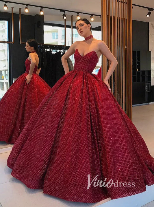 Sparkly Red Quinceañera Dress Strapless Prom Ball Gown FD1084 viniodress-prom dresses 2025 -Viniodress-Red-US 2-