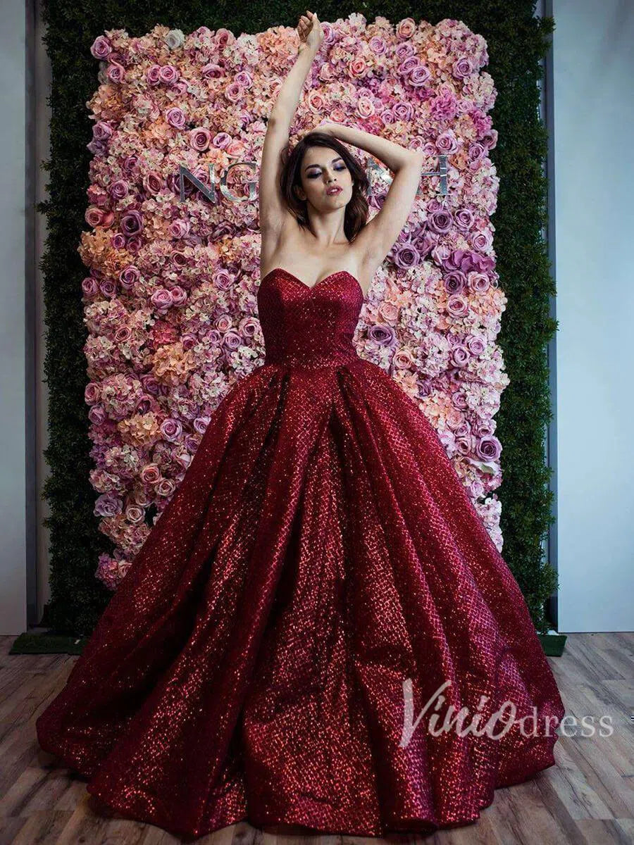 Sparkly Red Quinceañera Dress Strapless Prom Ball Gown FD1084 viniodress-prom dresses 2025 -Viniodress-Red-US 2-