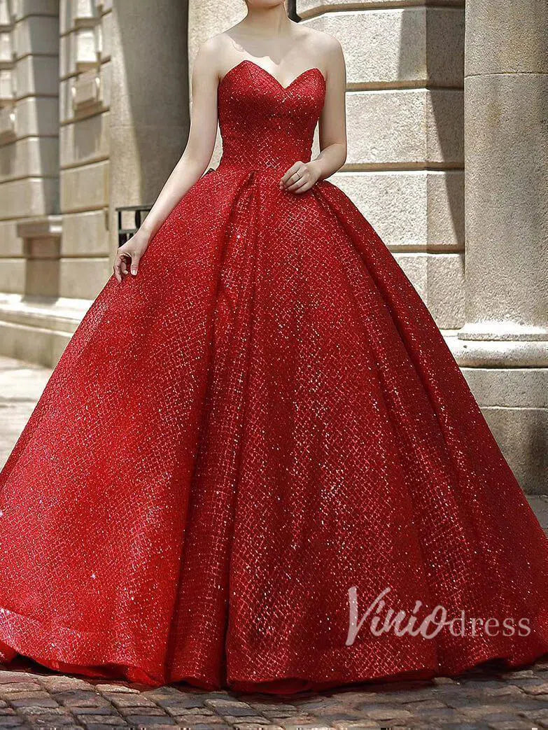 Sparkly Red Quinceañera Dress Strapless Prom Ball Gown FD1084 viniodress-prom dresses 2025 -Viniodress-Red-US 2-
