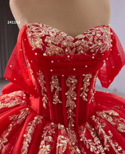 Sparkly Red Quinceanera Dress with Bow Gold Lace Appliqued Debutante Gowns 241162-Quinceanera Dresses 2025 -Viniodress-Red-Custom Size-
