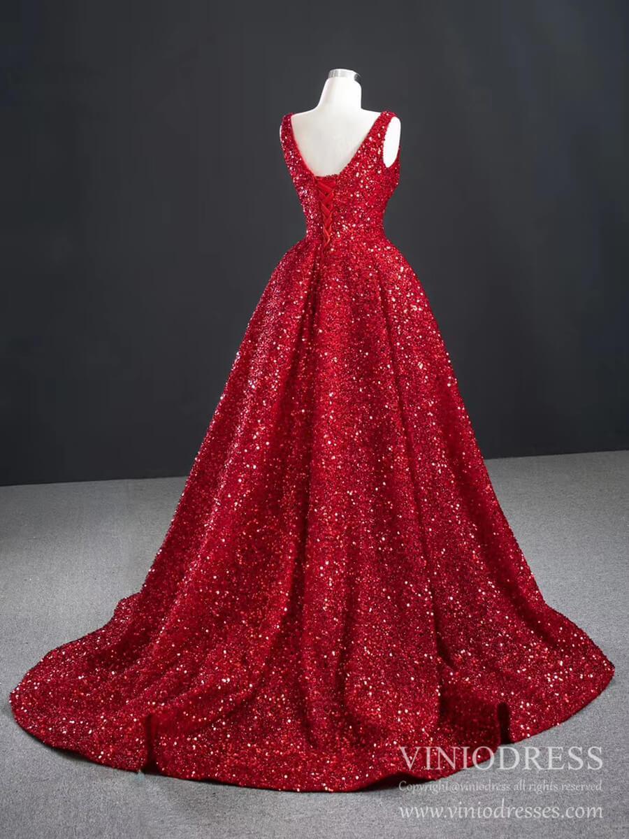 Sparkly Red Sequin High Low Prom Dresses Vintage Pageant Gown FD2414 viniodress-prom dresses 2025 -Viniodress-Red-Custom Size-