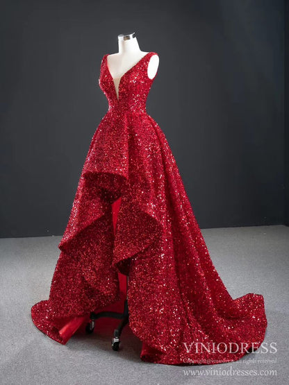 Sparkly Red Sequin High Low Prom Dresses Vintage Pageant Gown FD2414 viniodress-prom dresses 2025 -Viniodress-Red-Custom Size-
