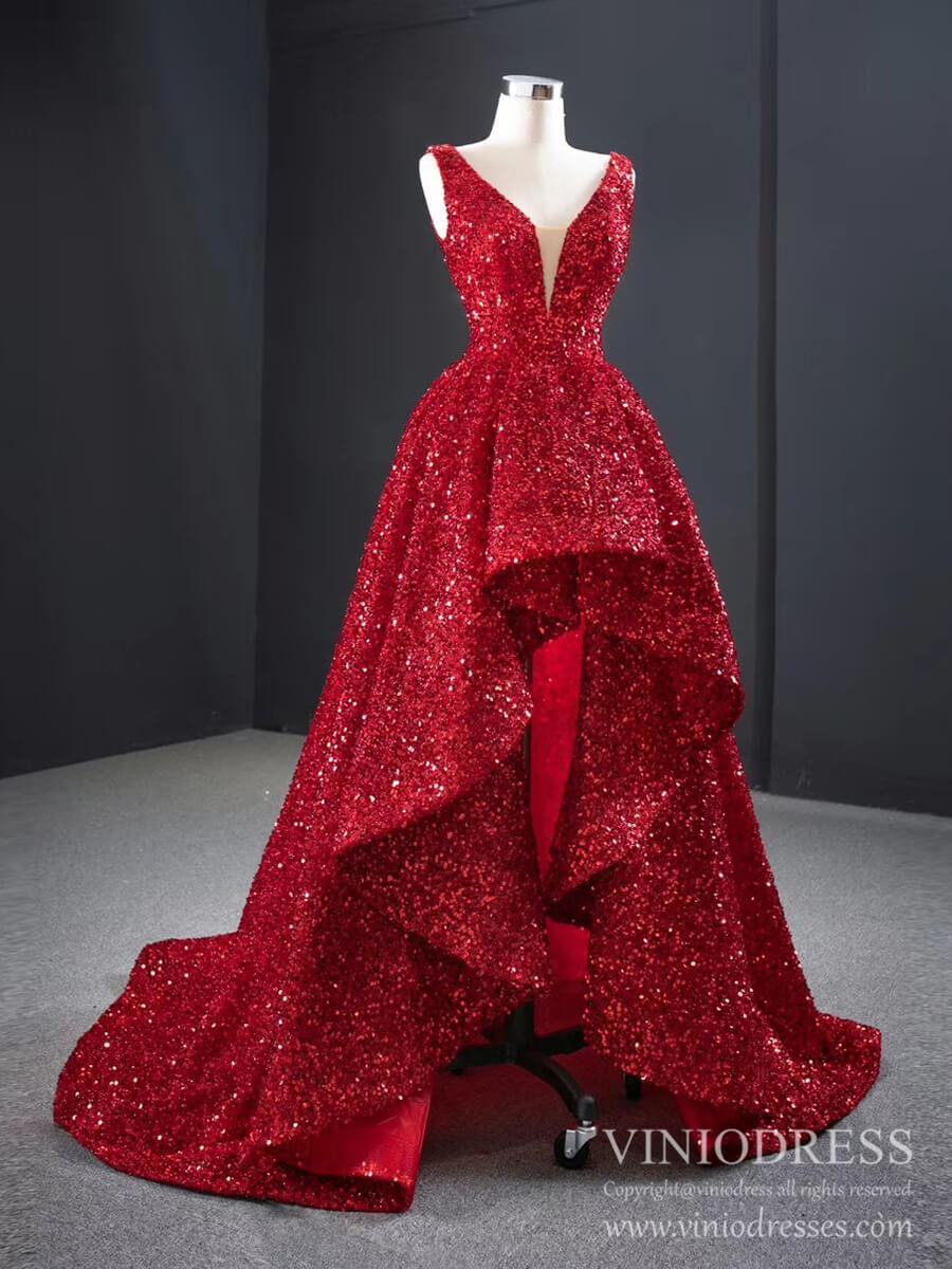Sparkly Red Sequin High Low Prom Dresses Vintage Pageant Gown FD2414 v Viniodress Sparkly Red Sequin High Low Prom Dresses Vintage Pageant Gown FD2414 v Viniodress