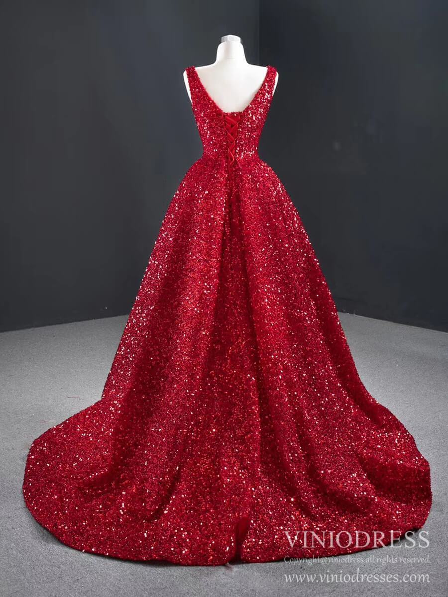 Sparkly Red Sequin High Low Prom Dresses Vintage Pageant Gown FD2414 viniodress-prom dresses 2025 -Viniodress-Red-Custom Size-