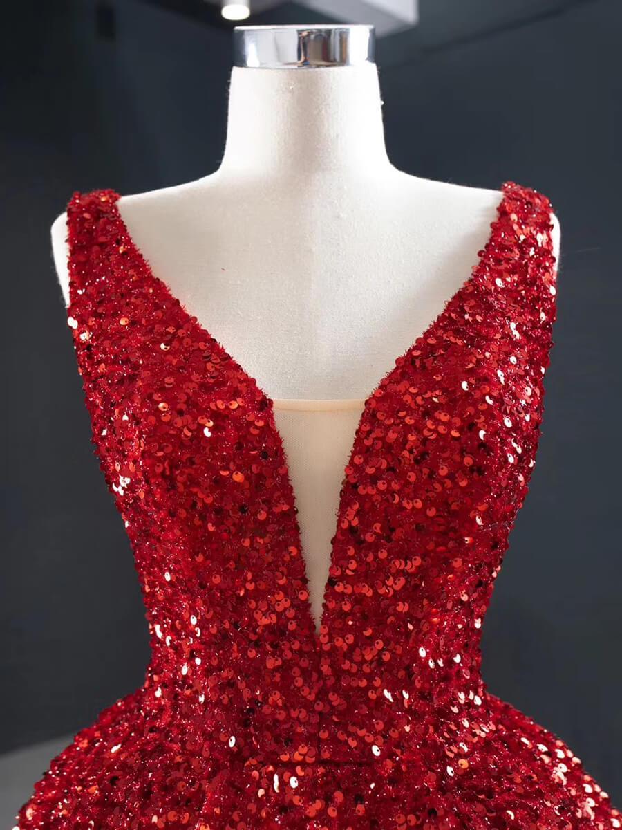 Sparkly Red Sequin High Low Prom Dresses Vintage Pageant Gown FD2414 viniodress-prom dresses 2025 -Viniodress-Red-Custom Size-