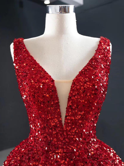 Sparkly Red Sequin High Low Prom Dresses Vintage Pageant Gown FD2414 viniodress-prom dresses 2025 -Viniodress-Red-Custom Size-