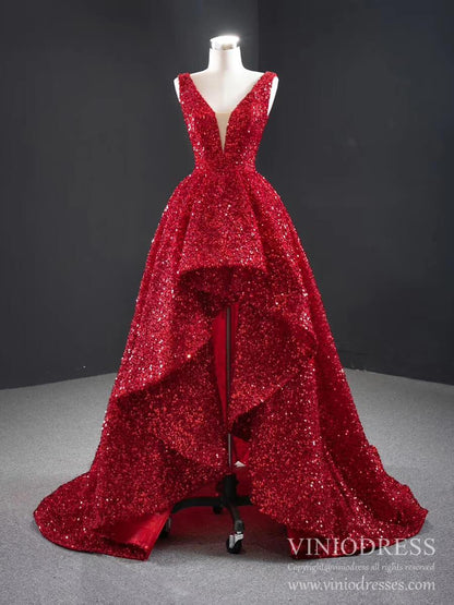 sparkle red dress Sparkly Red Sequin High Low Prom Dresses Vintage Pageant Gown FD2414 v – Viniodress