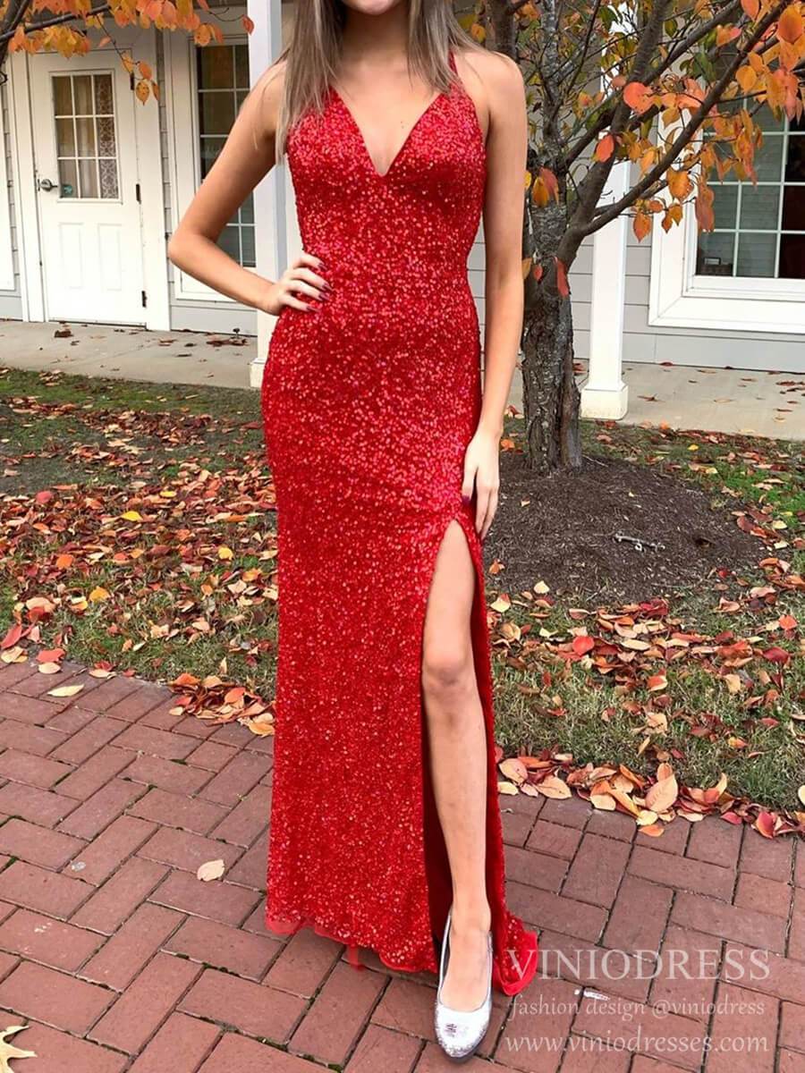 Prom Dress 2025 Sparkly Red Sequin Prom Dresses Sheath V Neck Crisscross Strap Evening Dress FD2028-unique prom dresses-Red-Custom Size-Viniodress