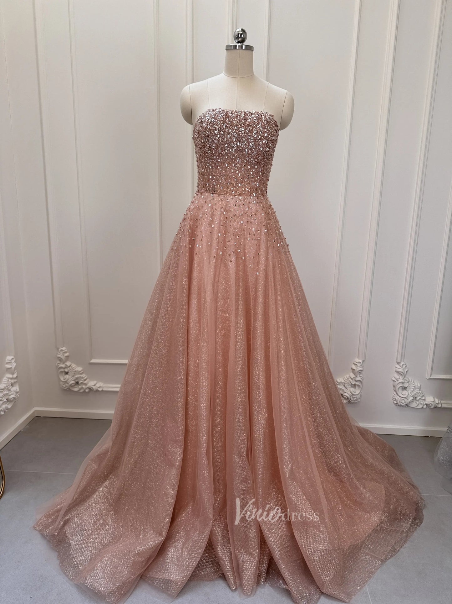 Sparkly Rose Gold Prom Dress Beaded Strapless Formal Gown with Corset Back FD2835-prom dresses 2025 -Viniodress-Rose Gold-Custom Size-