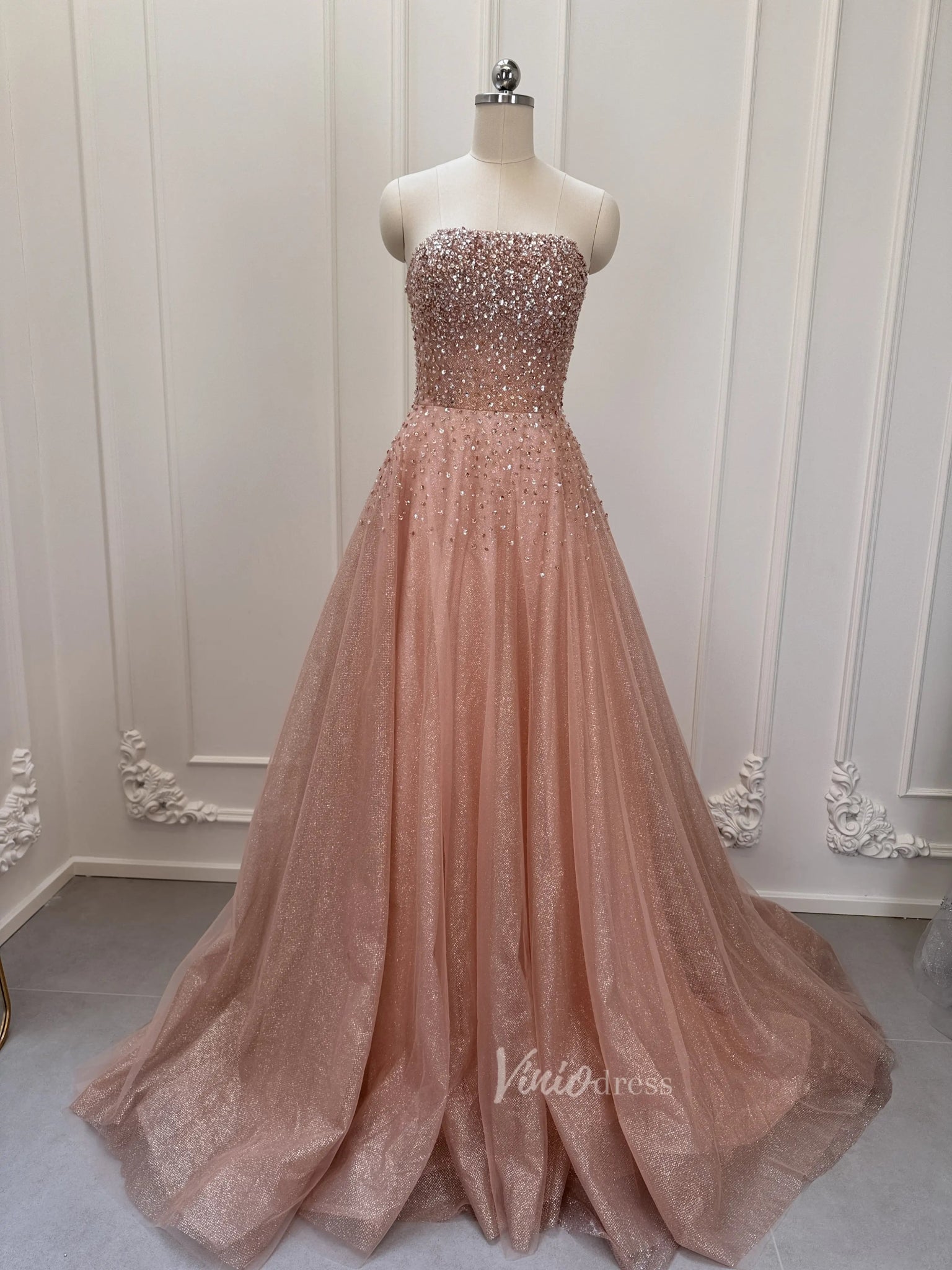 Sparkly Rose Gold Prom Dress Beaded Strapless Formal Gown with Corset Back FD2835-prom dresses 2025 -Viniodress-Rose Gold-Custom Size-