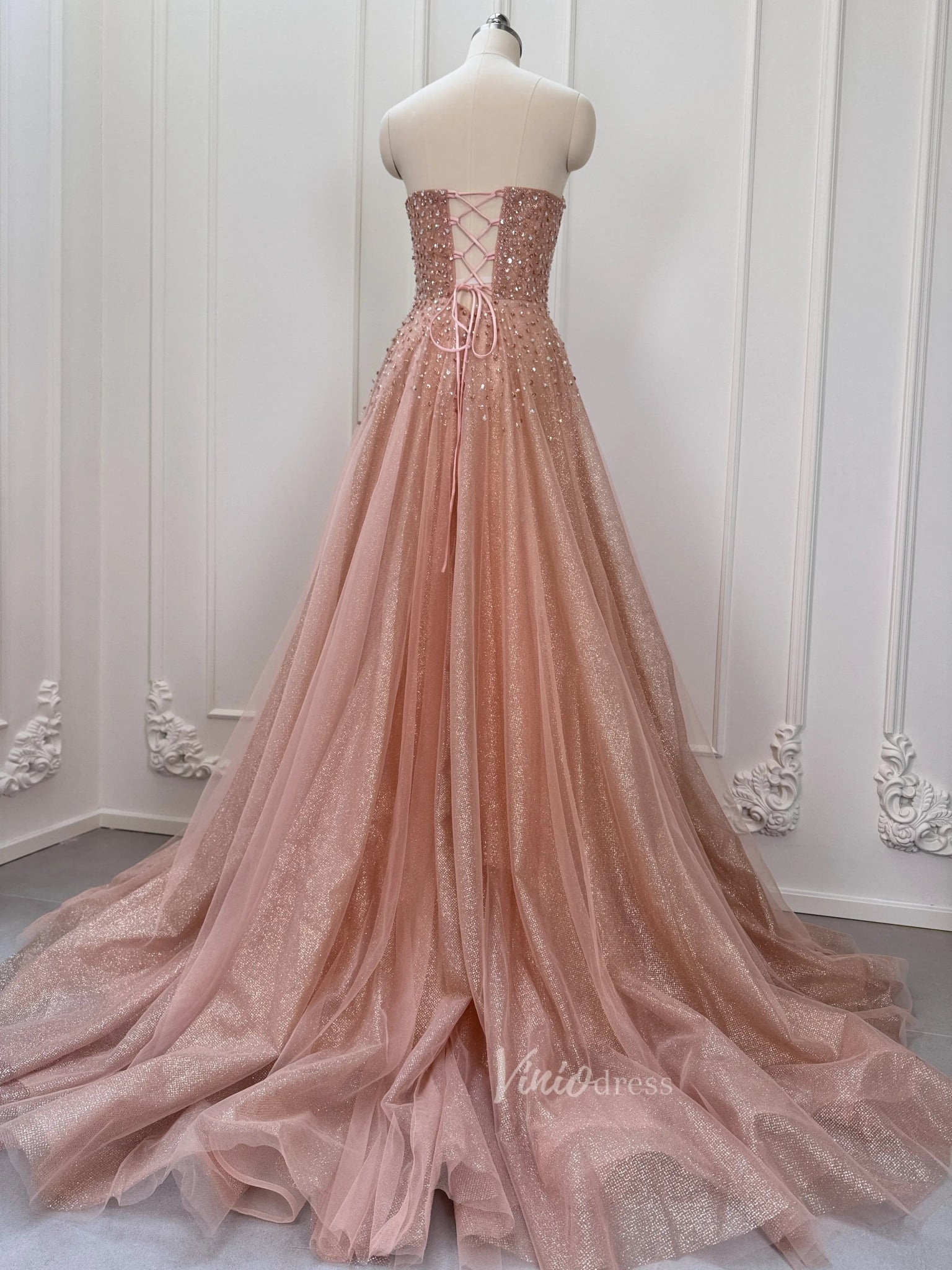 Sparkly Rose Gold Prom Dress Beaded Strapless Formal Gown with Corset Viniodress Sparkly Rose Gold Prom Dress Beaded Strapless Formal Gown with Corset Viniodress