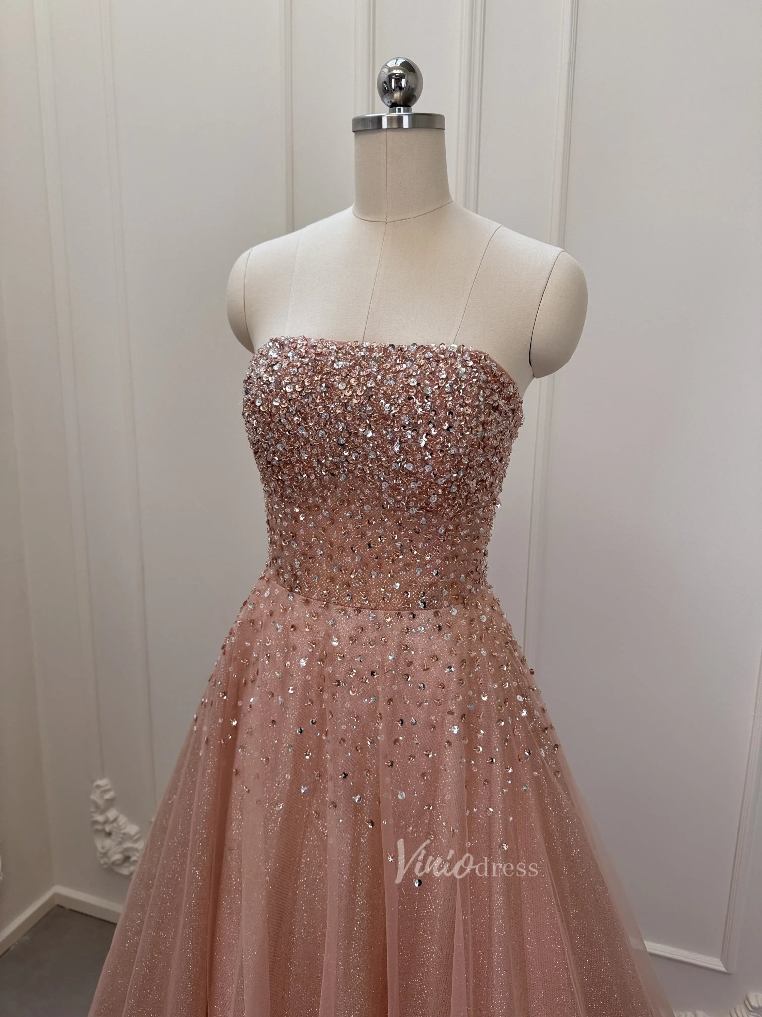 Sparkly Rose Gold Prom Dress Beaded Strapless Formal Gown with Corset Viniodress Sparkly Rose Gold Prom Dress Beaded Strapless Formal Gown with Corset Viniodress