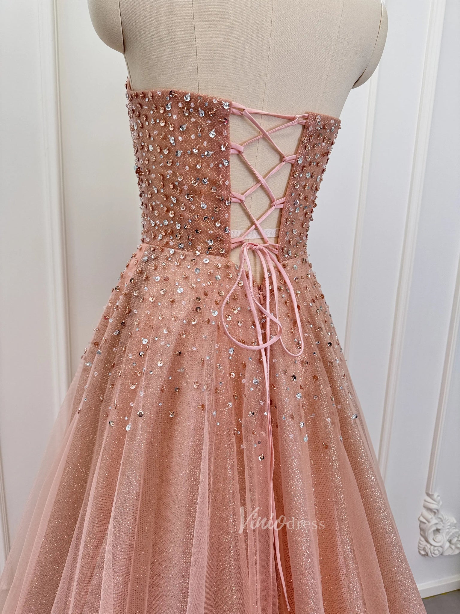 Sparkly Rose Gold Prom Dress Beaded Strapless Formal Gown with Corset Viniodress Sparkly Rose Gold Prom Dress Beaded Strapless Formal Gown with Corset Viniodress