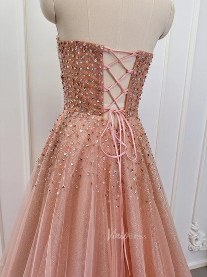 Sparkly Rose Gold Prom Dress Beaded Strapless Formal Gown with Corset Viniodress Sparkly Rose Gold Prom Dress Beaded Strapless Formal Gown with Corset Viniodress