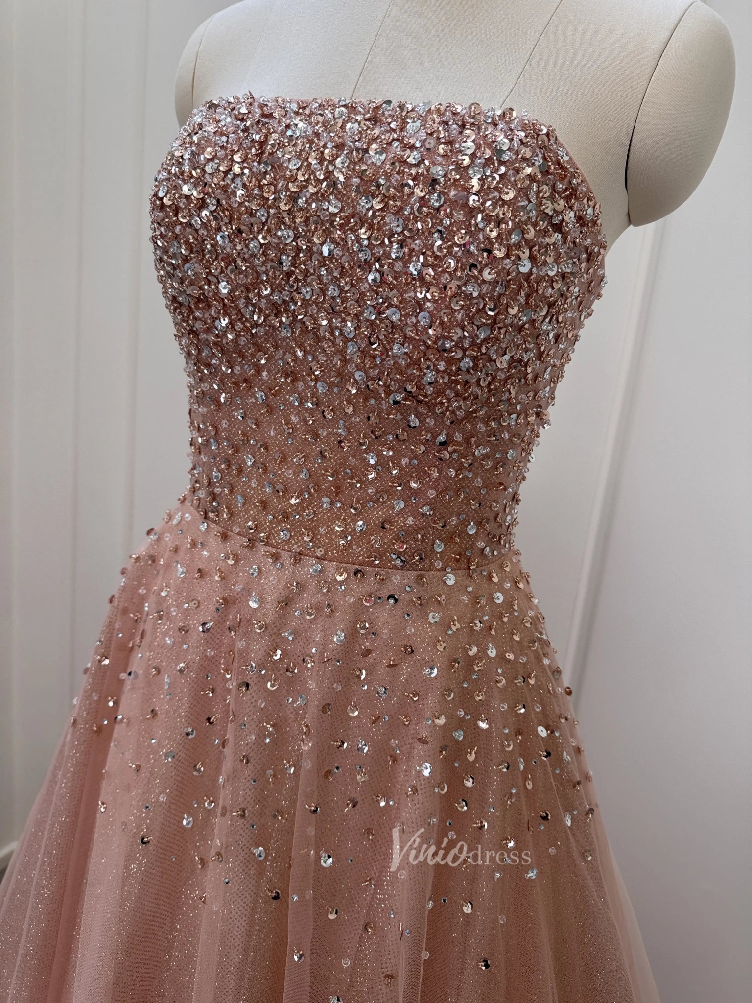 Sparkly Rose Gold Prom Dress Beaded Strapless Formal Gown with Corset Viniodress Sparkly Rose Gold Prom Dress Beaded Strapless Formal Gown with Corset Viniodress