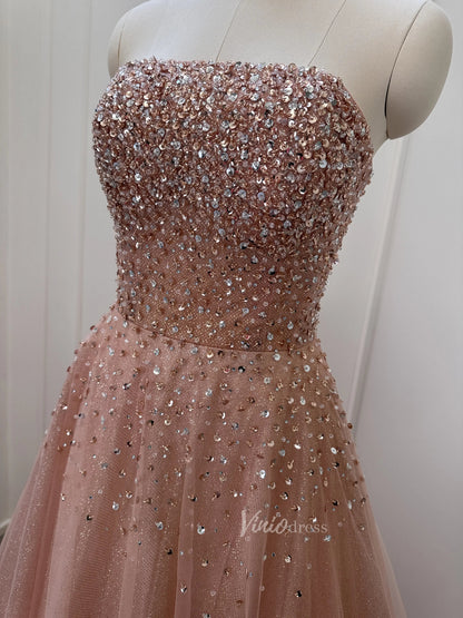 Sparkly Rose Gold Prom Dress Beaded Strapless Formal Gown with Corset Viniodress Sparkly Rose Gold Prom Dress Beaded Strapless Formal Gown with Corset Viniodress
