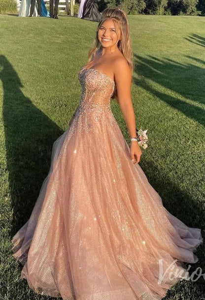 Sparkly Rose Gold Prom Dress Beaded Strapless Formal Gown with Corset Viniodress Sparkly Rose Gold Prom Dress Beaded Strapless Formal Gown with Corset Viniodress