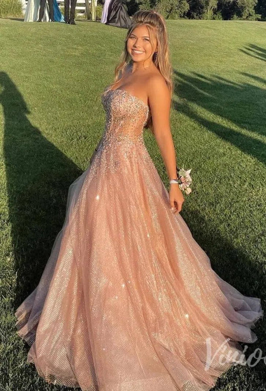 Sparkly Rose Gold Prom Dress Beaded Strapless Formal Gown with Corset Back FD2835-prom dresses 2025 -Viniodress-Rose Gold-Custom Size-