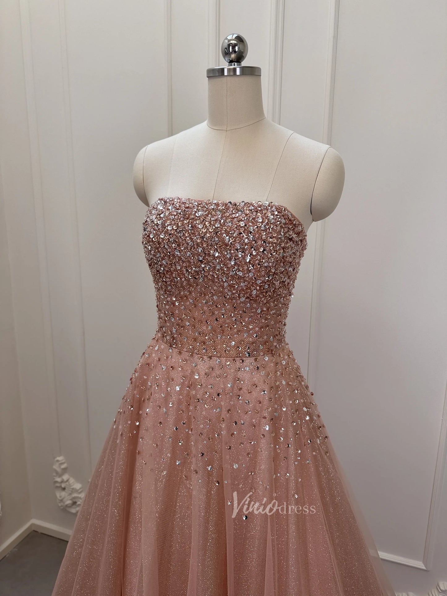 prom dresses 2025 Sparkly Rose Gold Prom Dress Beaded Strapless Formal Gown with Corset Back FD2835-plus size wedding dresses Viniodress-Rose Gold-Custom Size-