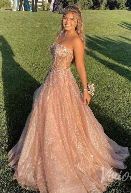 Prom Dress 2025 Sparkly Rose Gold Prom Dress Beaded Strapless Prom Gown FD2835-unique prom dresses-Rose Gold-Custom Size-Viniodress