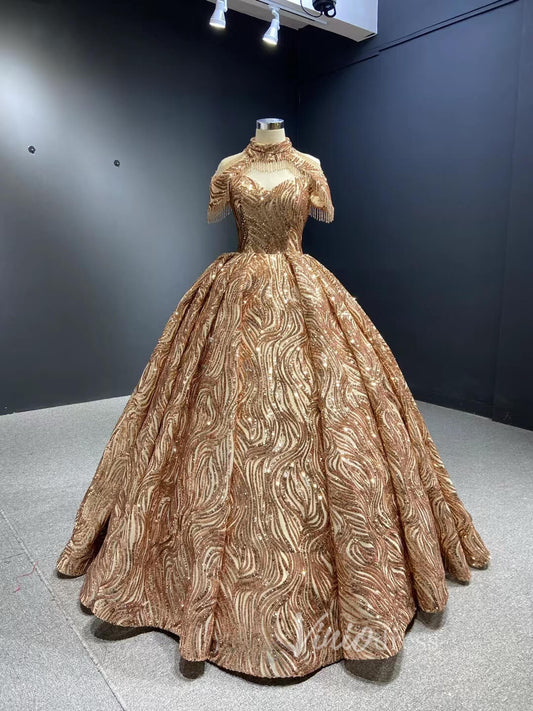 Sparkly Rose Gold Sequin Ball Gown Removable High Neck Dress 67189-Quinceanera Dresses 2025 -Viniodress-Rose Gold-Custom Size-