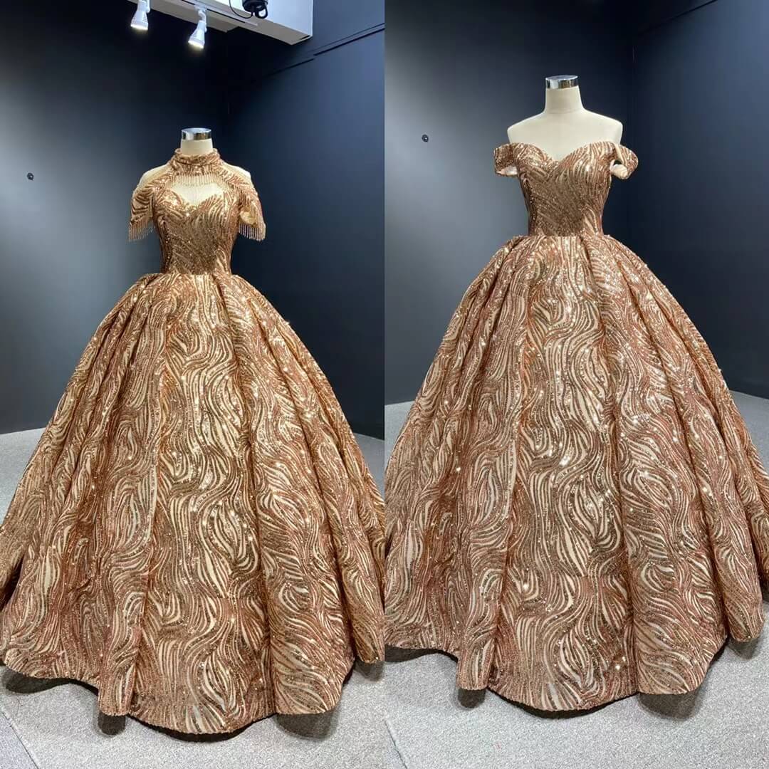 Sparkly Rose Gold Sequin Ball Gown Removable High Neck Dress 67189-Quinceanera Dresses 2025 -Viniodress-Rose Gold-Custom Size-