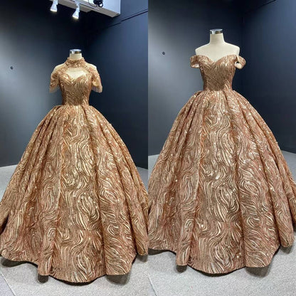 Sparkly Rose Gold Sequin Ball Gown Removable High Neck Dress 67189-Quinceanera Dresses 2025 -Viniodress-Rose Gold-Custom Size-