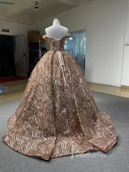 Sparkly Rose Gold Sequin Ball Gown Removable High Neck Dress 67189-Quinceanera Dresses 2025 -Viniodress-Rose Gold-Custom Size-