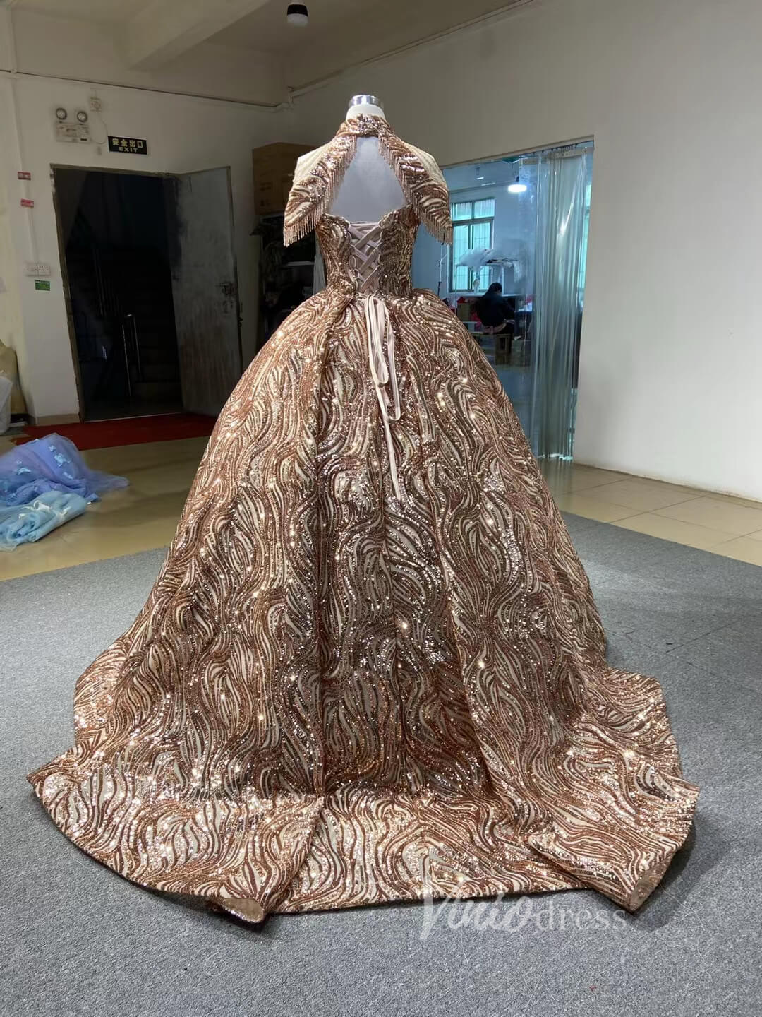 Sparkly Rose Gold Sequin Ball Gown Removable High Neck Dress 67189-Quinceanera Dresses 2025 -Viniodress-Rose Gold-Custom Size-