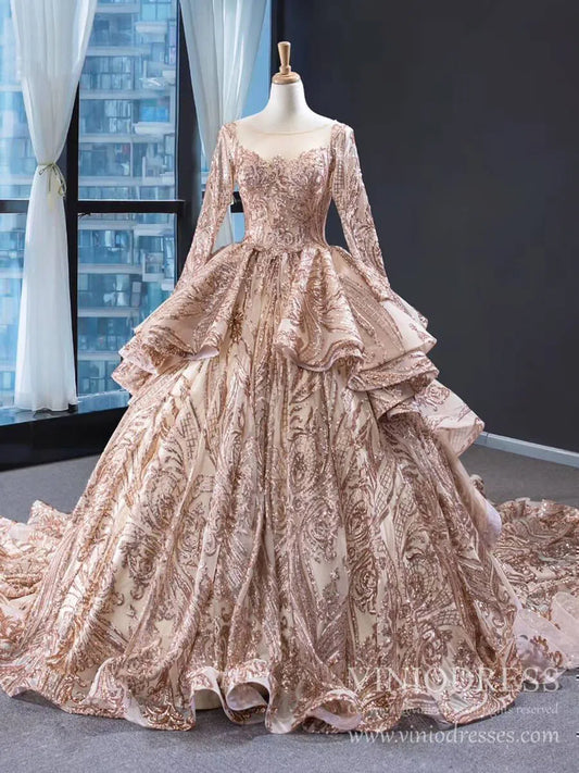 Sparkly Rose Gold Sequin Luxury Ball Gown Wedding Dresses 67017 viniodress-Quinceanera Dresses 2025 -Viniodress-Rose Gold-Custom Size-