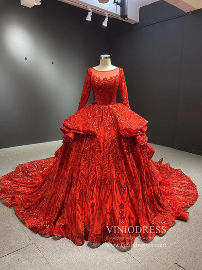 Sparkly Rose Gold Sequin Luxury Ball Gown Wedding Dresses 67017 viniodress-Quinceanera Dresses 2025 -Viniodress-Red-Custom Size-