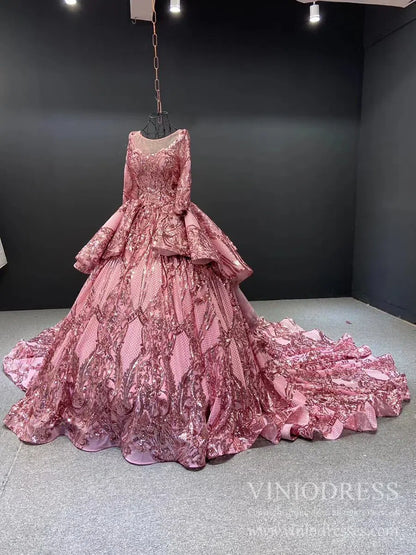 Sparkly Rose Gold Sequin Luxury Ball Gown Wedding Dresses 67017 viniodress-Quinceanera Dresses 2025 -Viniodress-Rose Gold-Custom Size-