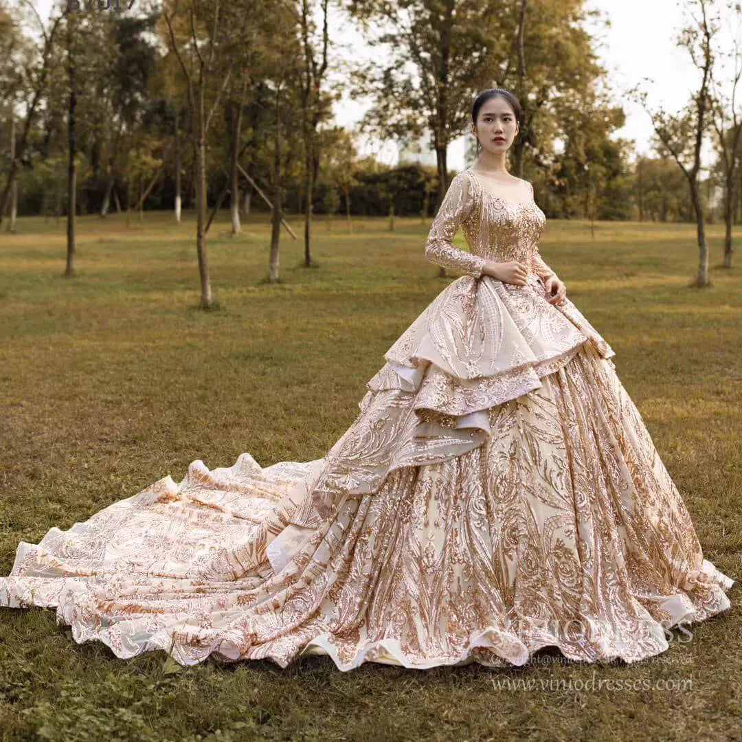 Sparkly Rose Gold Sequin Luxury Ball Gown Wedding Dresses 67017 viniodress-Quinceanera Dresses 2025 -Viniodress-Rose Gold-Custom Size-