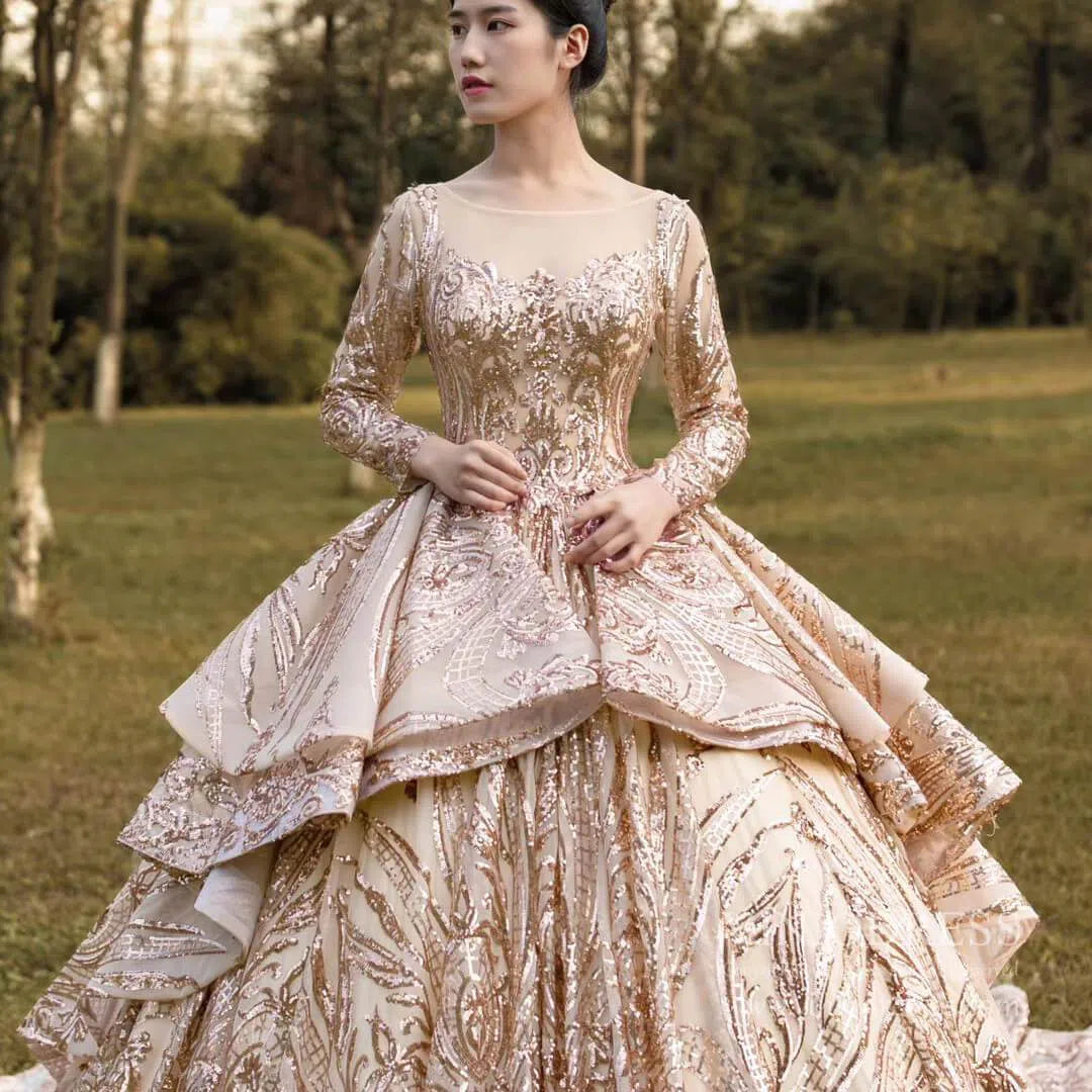 Sparkly Rose Gold Sequin Luxury Ball Gown Wedding Dresses 67017 viniodress-Quinceanera Dresses 2025 -Viniodress-Rose Gold-Custom Size-