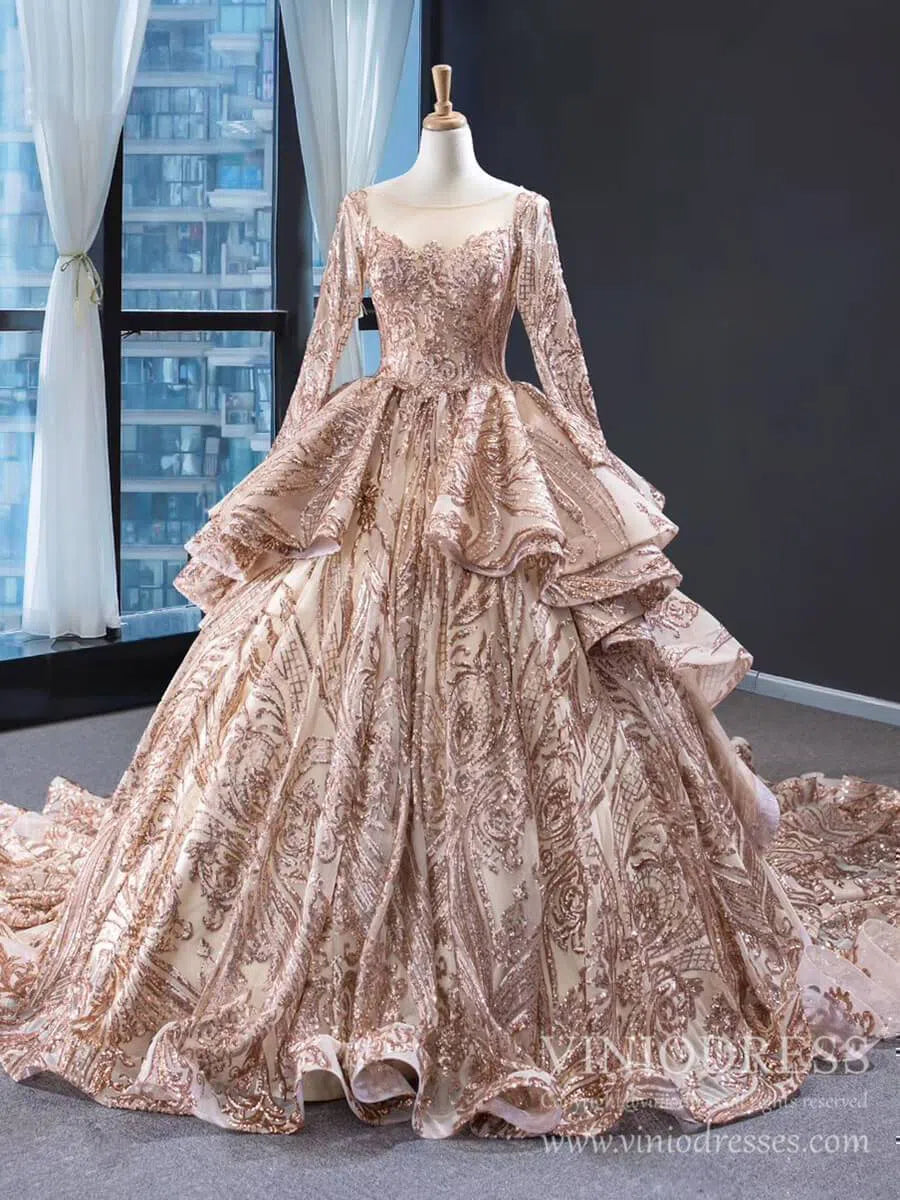 Sparkly Rose Gold Sequin Luxury Ball Gown Wedding Dresses 67017 viniodress-Quinceanera Dresses 2025 -Viniodress-Rose Gold-Custom Size-