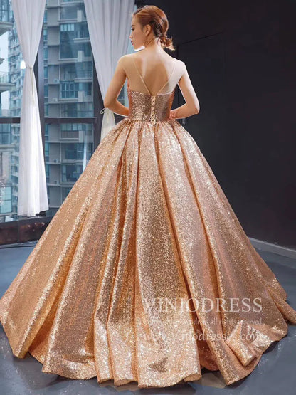 Sparkly Rose Gold Sequin Quinceanera Dresses Sweet 15 Dress Wedding Gown 66565 viniodress-prom dresses 2025 -Viniodress-Rose Gold-Custom Size-