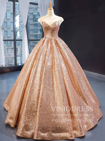 Sparkly Rose Gold Sequin Quinceanera Dresses Sweet 15 Dress Wedding Gown 66565 viniodress-prom dresses 2025 -Viniodress-Rose Gold-Custom Size-