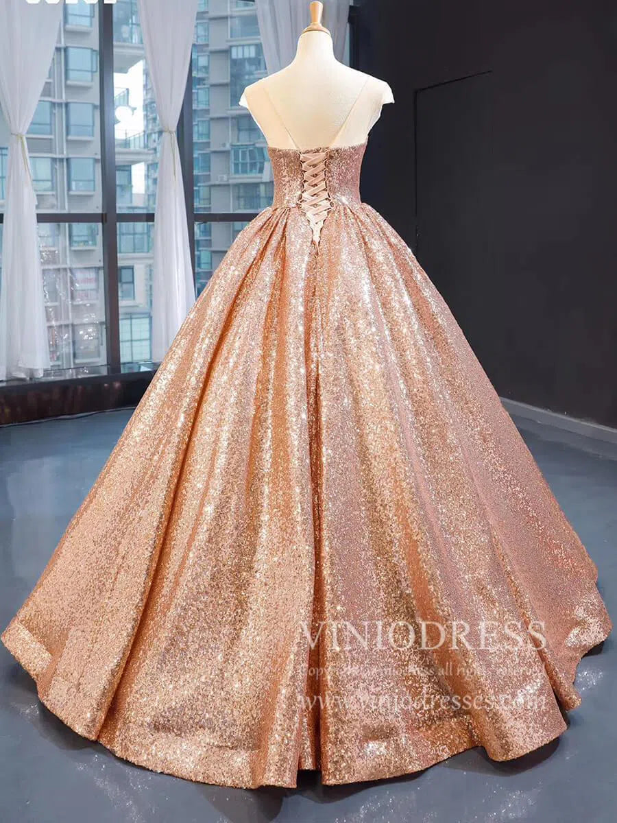 Sparkly Rose Gold Sequin Quinceanera Dresses Sweet 15 Dress Wedding Gown 66565 viniodress-prom dresses 2025 -Viniodress-Rose Gold-Custom Size-