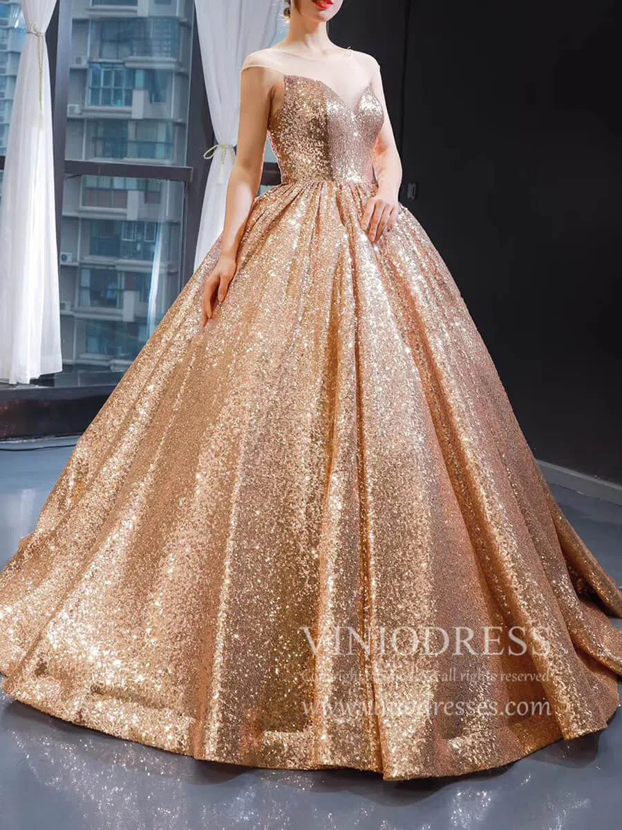 Sparkly Rose Gold Sequin Quinceanera Dresses Sweet 15 Dress Wedding Gown 66565 viniodress-prom dresses 2025 -Viniodress-Rose Gold-Custom Size-