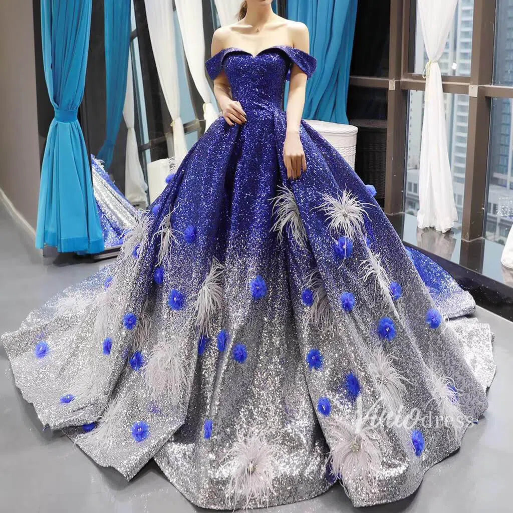Sparkly Royal Blue Ombre Prom Dresses Off the Shoulder Ball Gowns FD1116 viniodress-prom dresses 2025 -Viniodress-Royal Blue-US 2-