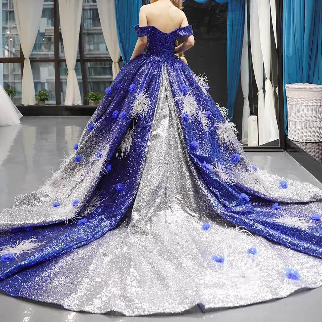 Sparkly Royal Blue Ombre Prom Dresses Off the Shoulder Ball Gowns FD1116 viniodress-prom dresses 2025 -Viniodress-Royal Blue-US 2-