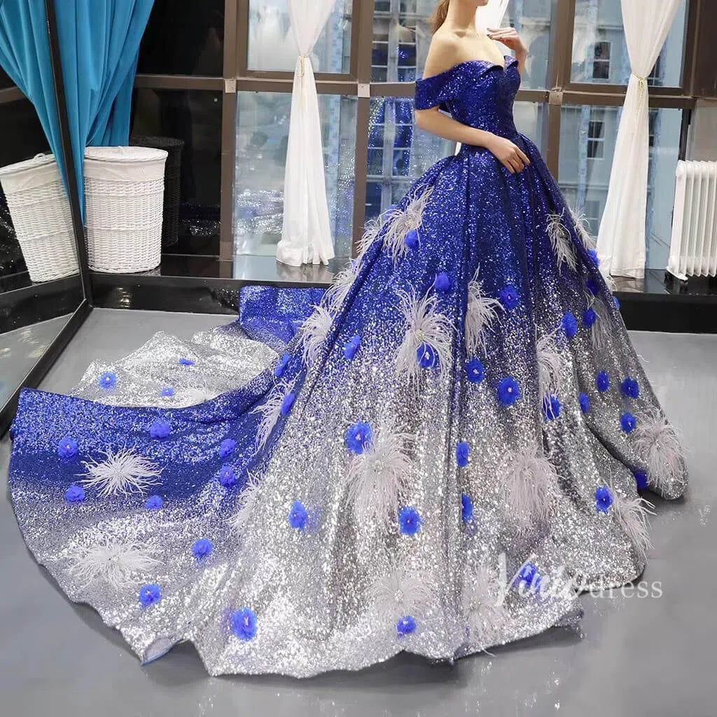 Sparkly Royal Blue Ombre Prom Dresses Off the Shoulder Ball Gowns FD1116 viniodress-prom dresses 2025 -Viniodress-Royal Blue-US 2-
