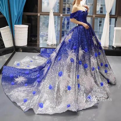 Sparkly Royal Blue Ombre Prom Dresses Off the Shoulder Ball Gowns FD1116 viniodress-prom dresses 2025 -Viniodress-Royal Blue-US 2-