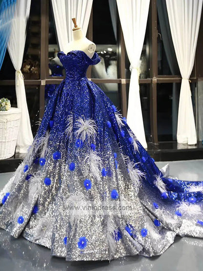 Sparkly Royal Blue Ombre Prom Dresses Off the Shoulder Ball Gowns FD1116 viniodress-prom dresses 2025 -Viniodress-Royal Blue-US 2-