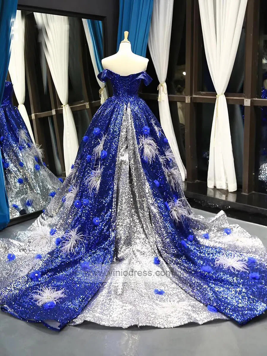 Sparkly Royal Blue Ombre Prom Dresses Off the Shoulder Ball Gowns FD1116 viniodress-prom dresses 2025 -Viniodress-Royal Blue-US 2-