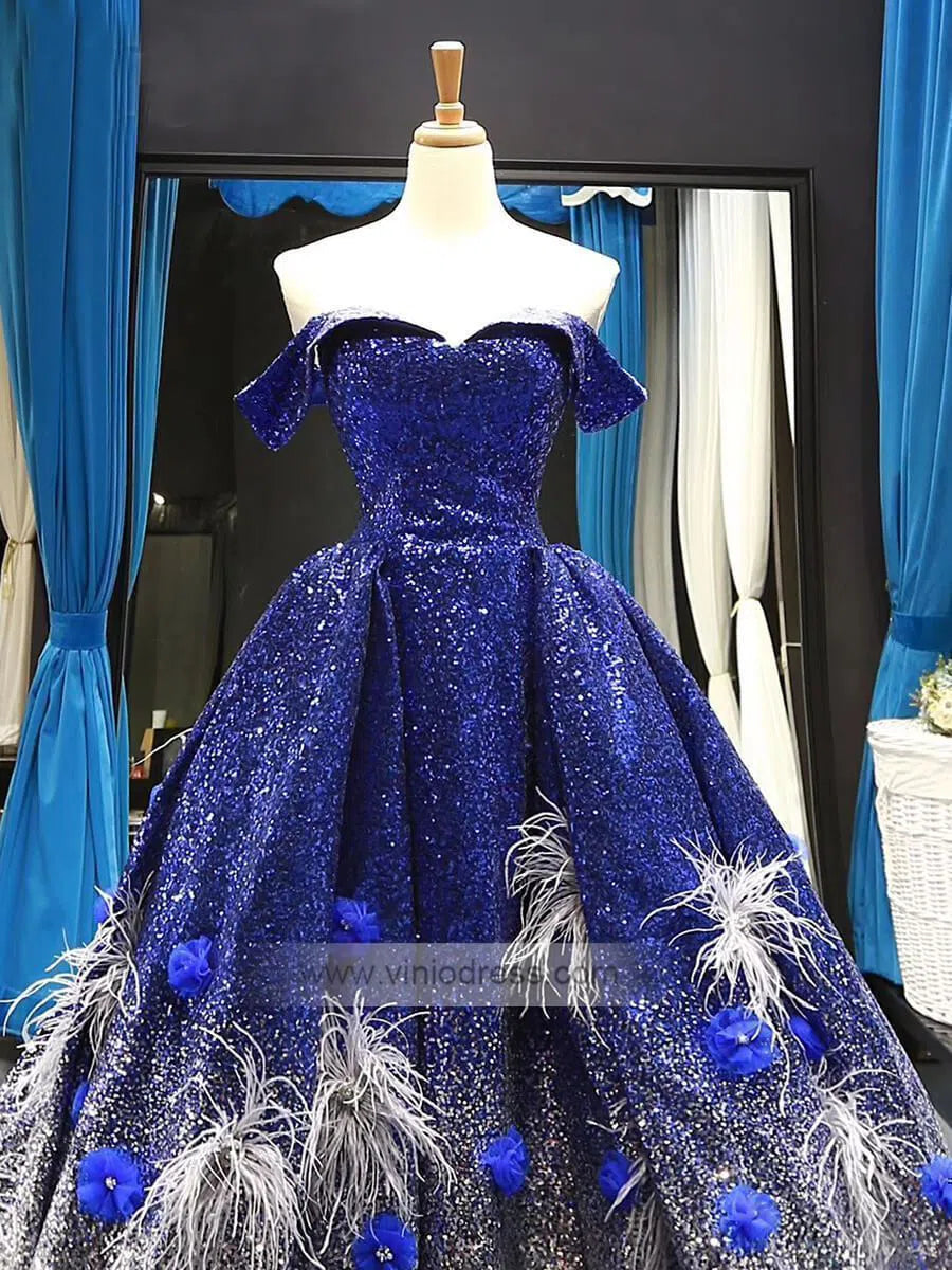 Sparkly Royal Blue Ombre Prom Dresses Off the Shoulder Ball Gowns FD1116 viniodress-prom dresses 2025 -Viniodress-Royal Blue-US 2-