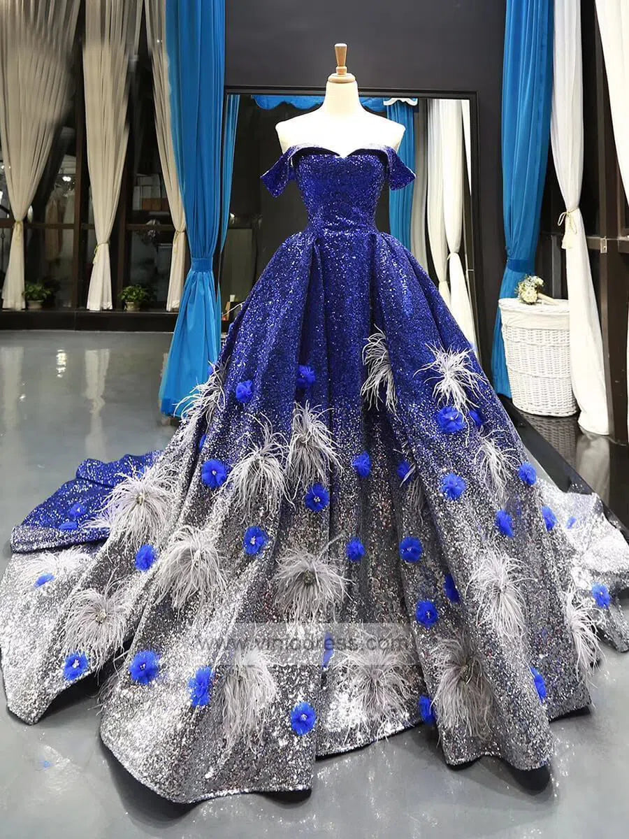 Sparkly Royal Blue Ombre Prom Dresses Off the Shoulder Ball Gowns FD1116 viniodress-prom dresses 2025 -Viniodress-Royal Blue-US 2-